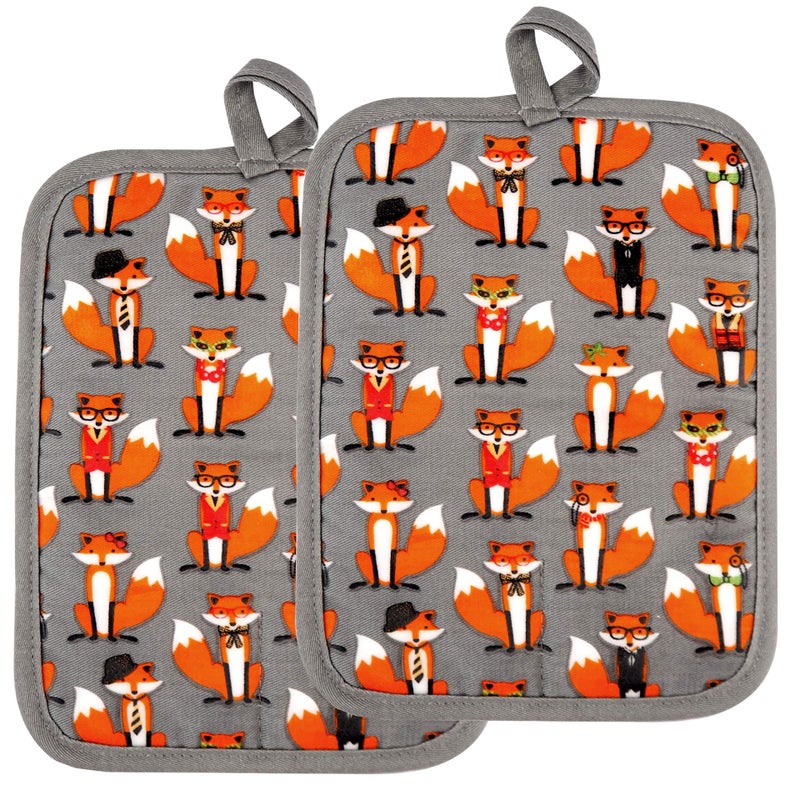 RED LMLDETA Pot Holders Set of 2 Heat Resistant 480 â„‰ Non Slip Clear Silicone Printed Comfortable Cotton Lining Kitchen Women Men Cooking Baking Microwave Machine Washable (Fox, Gray Potholders) - Image 1